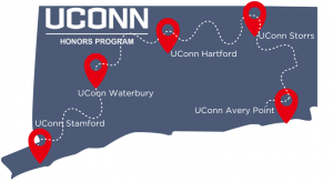 Map of CT with all UConn campuses represented across the state.
