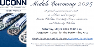 An invitation to the Honors Medals Ceremony on Saturday, May 3, 2025 at 10:00am. RSVP by April 19 by clicking the image or calling (860) 486-1038.