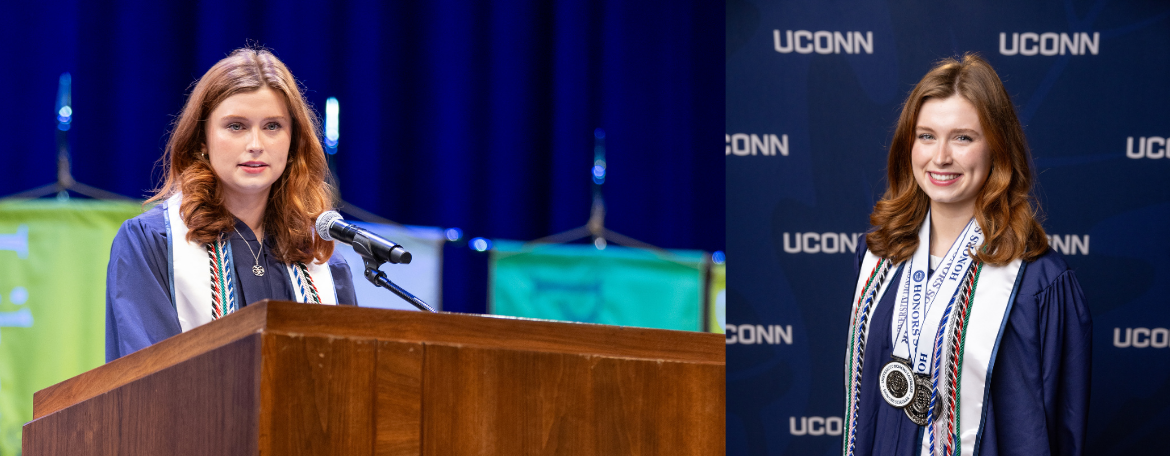 Two images of the Honors Medals Ceremony student speaker in a navy blue graduation gown: 1 at a lectern giving a speech and 1 smiling and wearing 2 medals in front of a navy blue background with white UConn text on it
